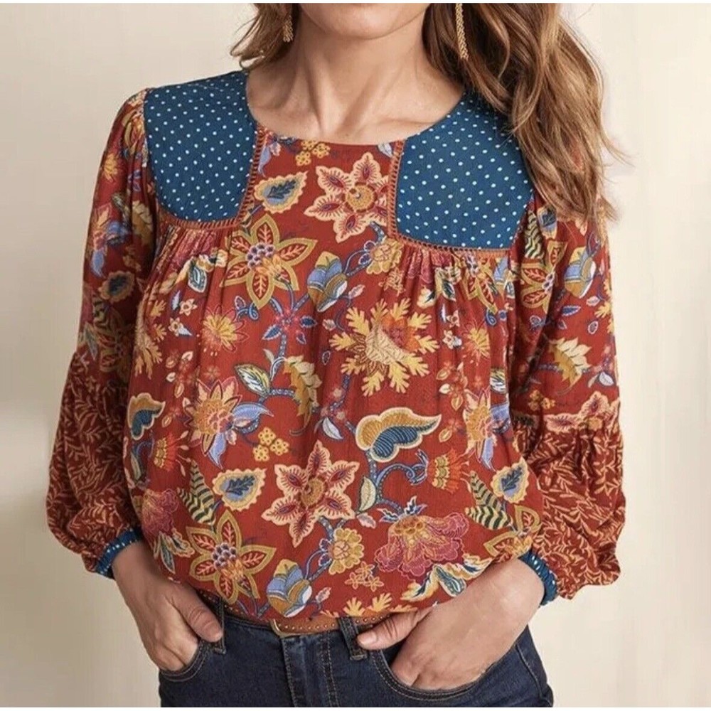Matilda Jane Heart to Heart Garden Mums Mixed Print Floral Blouse Size M NWT
